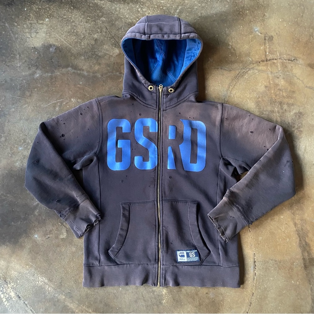VTG G-Star Raw Thrashed Faded Distressed Zip Up Hoodie